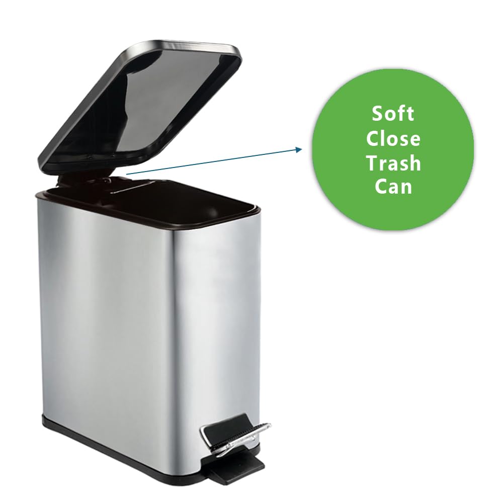 Stainless Steel Small Trash Can with Lid & Step Pedal - 6 Liters/1.6 Gallon Soft Close Garbage Can with Removeable Inner Bucket - Trash Cans for Bathroom, Bedroom, Kitchen & Office (Chrome)