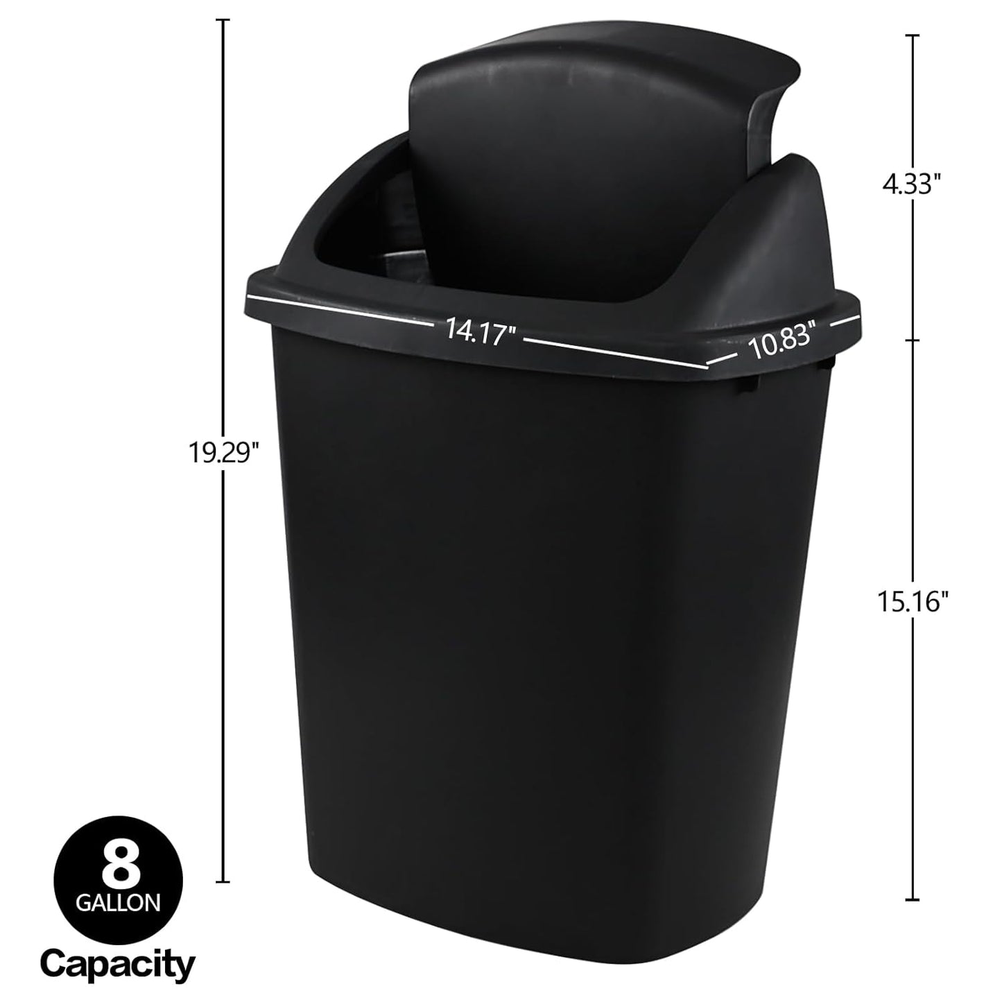 Zopnny 8 Gallon Plastic Swing Top Garag Bin, Lidded Wastebasket Trash Can for Kitchen or Workspace, Set of 4, Black