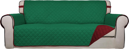 PureFit Reversible Quilted Sofa Cover, Water Resistant Slipcover Furniture Protector, Washable Couch Cover with Non Slip and Elastic Straps for Kids, Pets (Oversized Sofa, Green/Red)