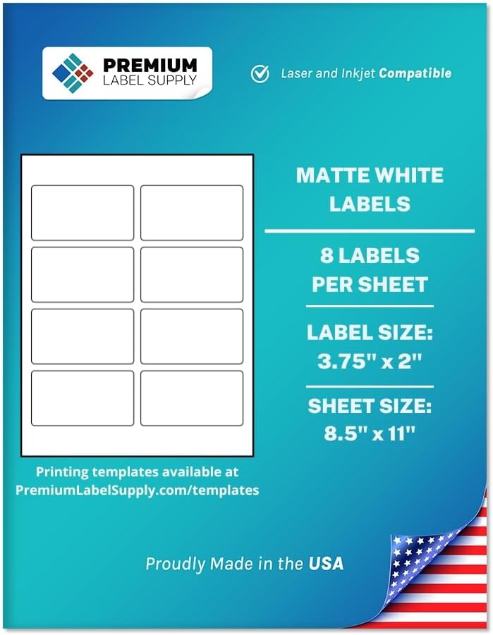 Premium Label Supply White Sticker Mailing Labels – 3.75" x 2" – Laser/Inkjet Compatible – (8 per Sheet), 1000 Sheets – 8,000 Total Adhesive Labels