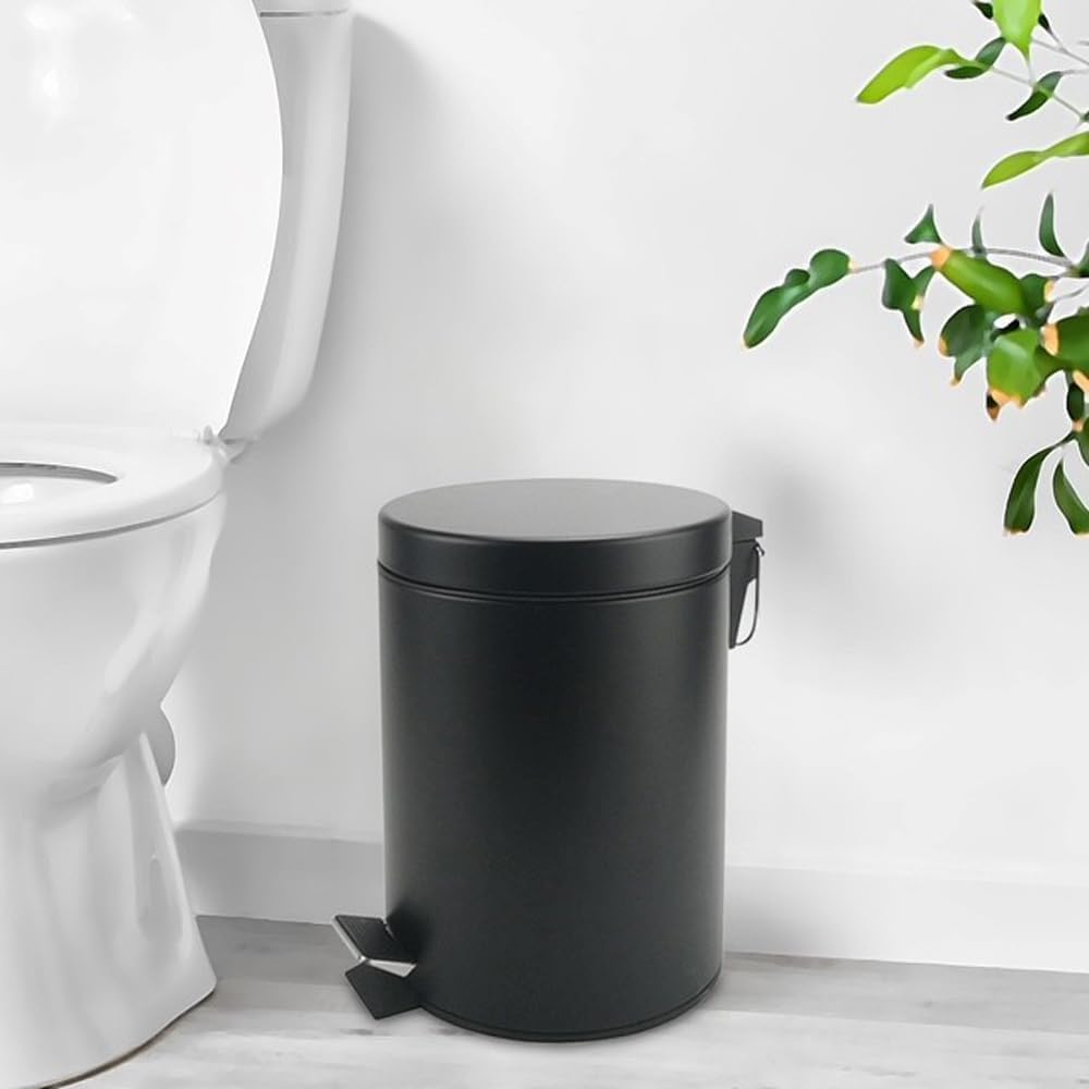 Stainless Steel Small Trash Can with Lid & Step Pedal - 5 Liters/1.3 Gallon Soft Close Waste Basket with Removeable Inner Bucket - Garbage Can for Bathroom, Bedroom, Kitchen & Office (Black)