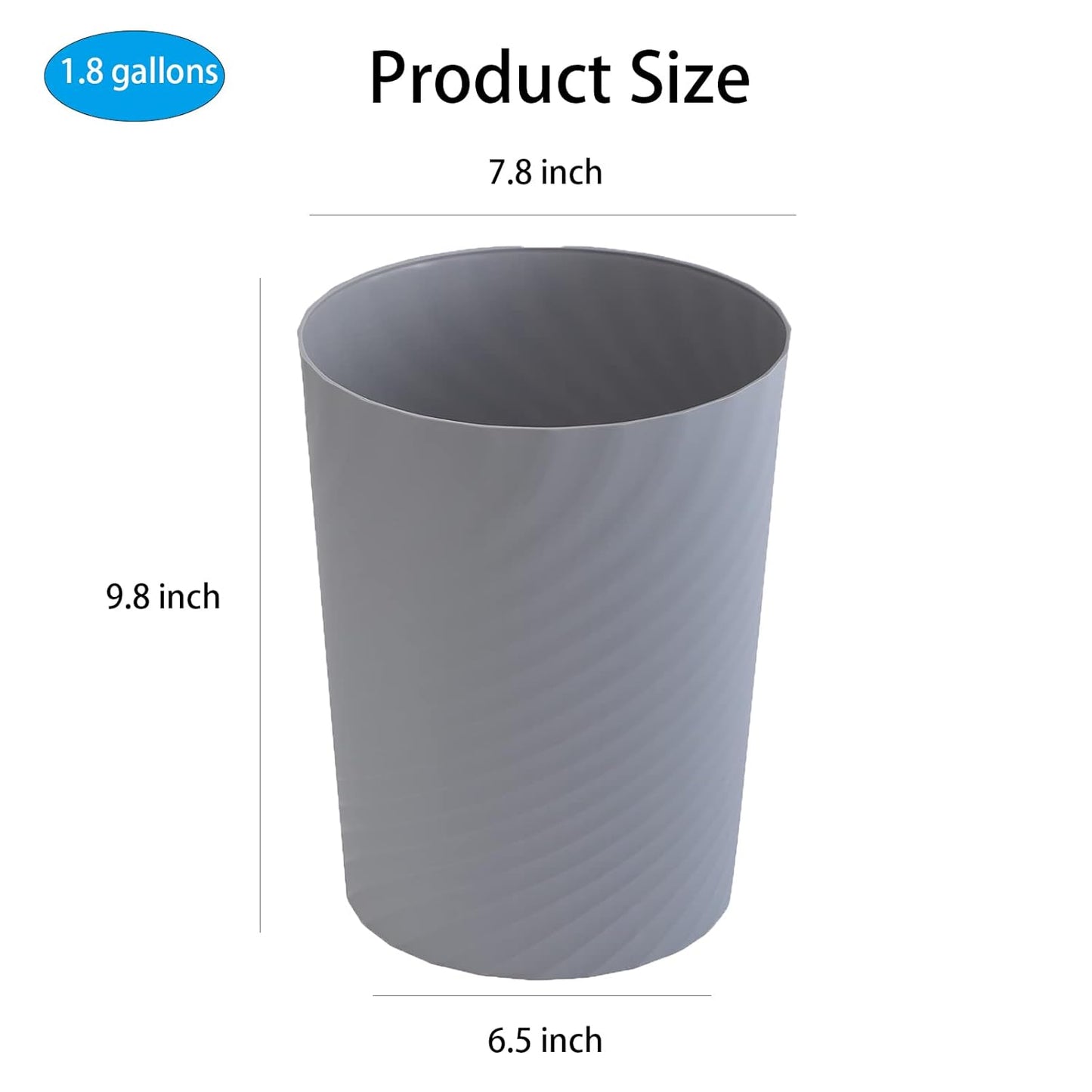 UUJOLY Plastic Small Trash Can Wastebasket, Garbage Container Basket for Bathrooms, Laundry Room, Kitchens, Offices, Kids Rooms, Dorms, (Grey, 1.8 Gallon/2 Pack)