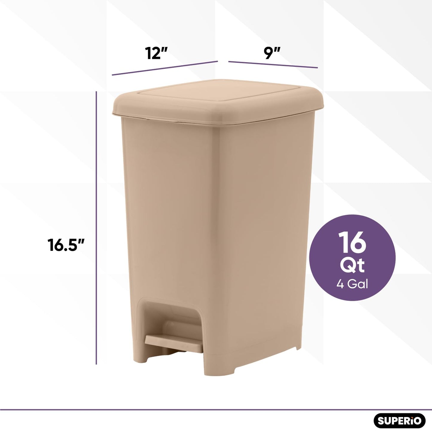 Superio Slim Step On Trash Can, Beige Waste Bin with Foot Pedal Lid 26 Liter, Kitchen, Under Desk, Office, Bedroom, Bathroom (2, 4 Gallon)