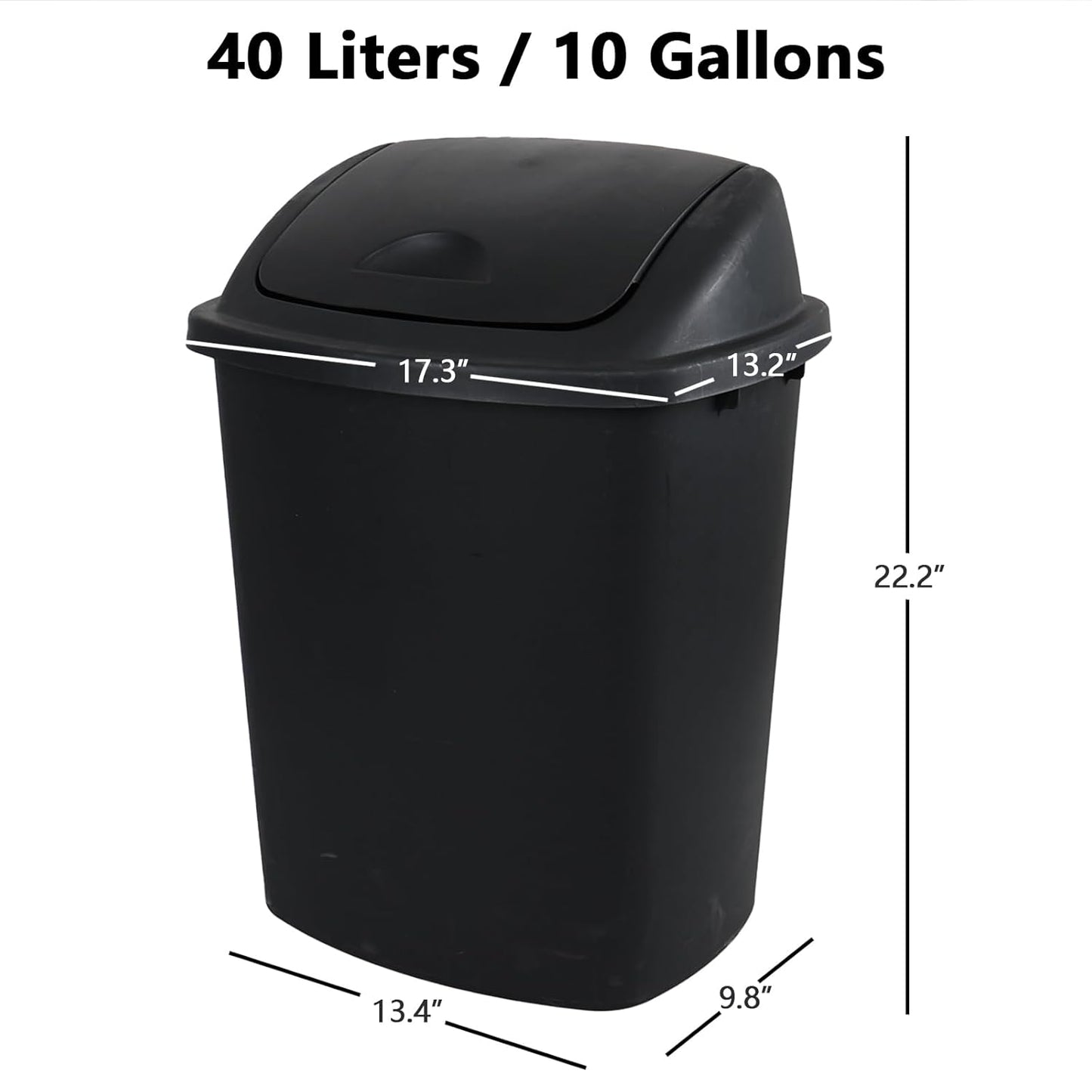 Yuright 40 L / 10 Gallon Swing Lid Trash Bins, 4 Pack Large Plastic Garbage Cans, Black