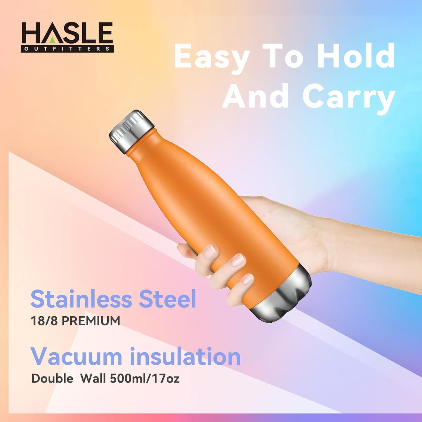 HASLE OUTFITTERS 17oz Stainless Steel Water Bottles Bulk, Vacuum Insulated Water Bottles Double Walled Powder Coated Reusable Metal Sports Water Bottles Keep Drinks Hot and Cold, Orange, 8Packs