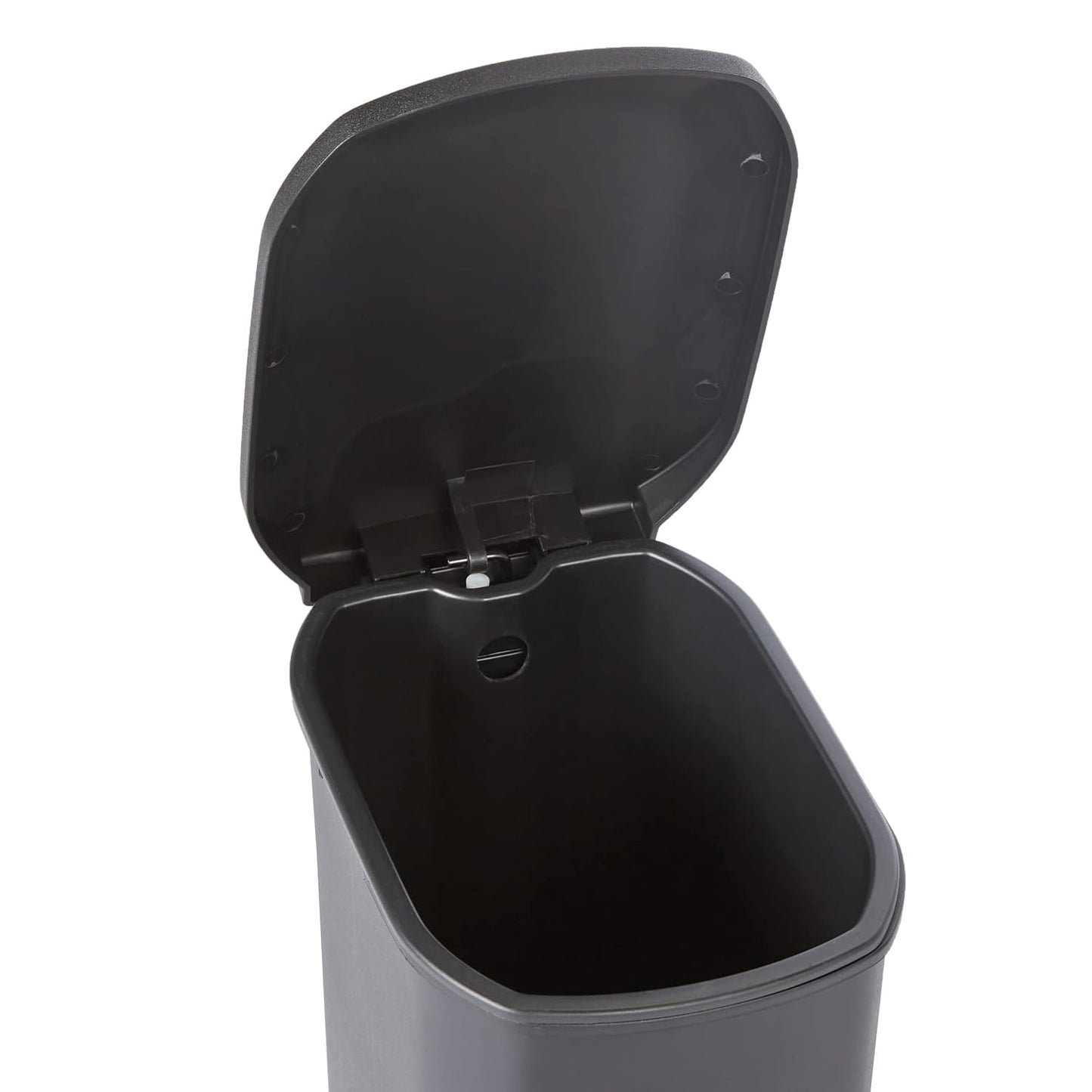 Amazon Basics Compact Plastic Bathroom Trash Can with Hands Free Foot Pedal, Quiet Close Step-On, 6 Liters, Black, Lid Included