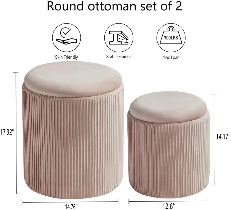 Round Set of 2 Ottoman with Storage-Upholstered Velvet Vanity Stool for Makeup Multifunctional Ottomans Coffee Table Padded Seat Foot Rest for Living Room&Bedroom (Pink)