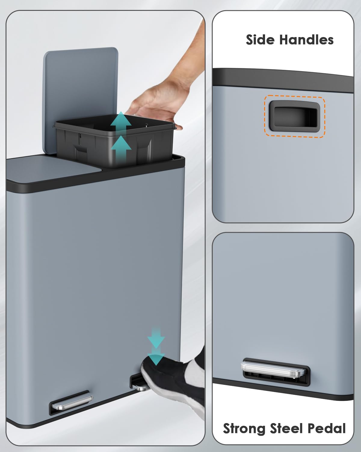 Arlopu 16 GallonStainless Steel Trash Can, 60L Dual Compartment, Metal Kitchen Step Recycle Bin, Metal Double Dustbin, in-Home Garbage Rubbish Can W/Removable Liner Buckets (Haze Blue)