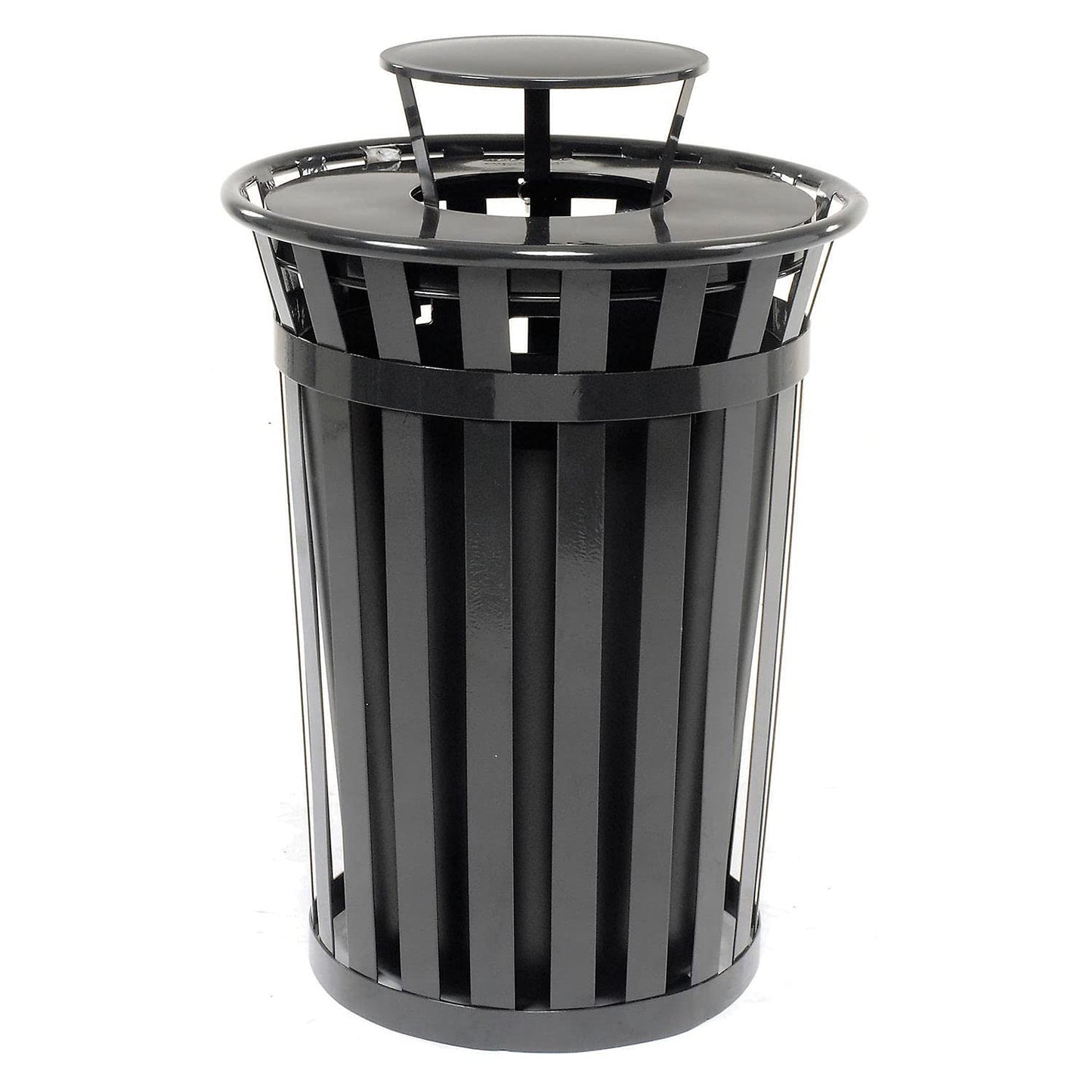 Global Industrial Heavy-Duty 36 Gallon Capacity Outdoor Metal Slatted Trash Receptacle with Rain Bonnet Lid & Plastic Liner, Black, Commercial & Industrial Trash Can