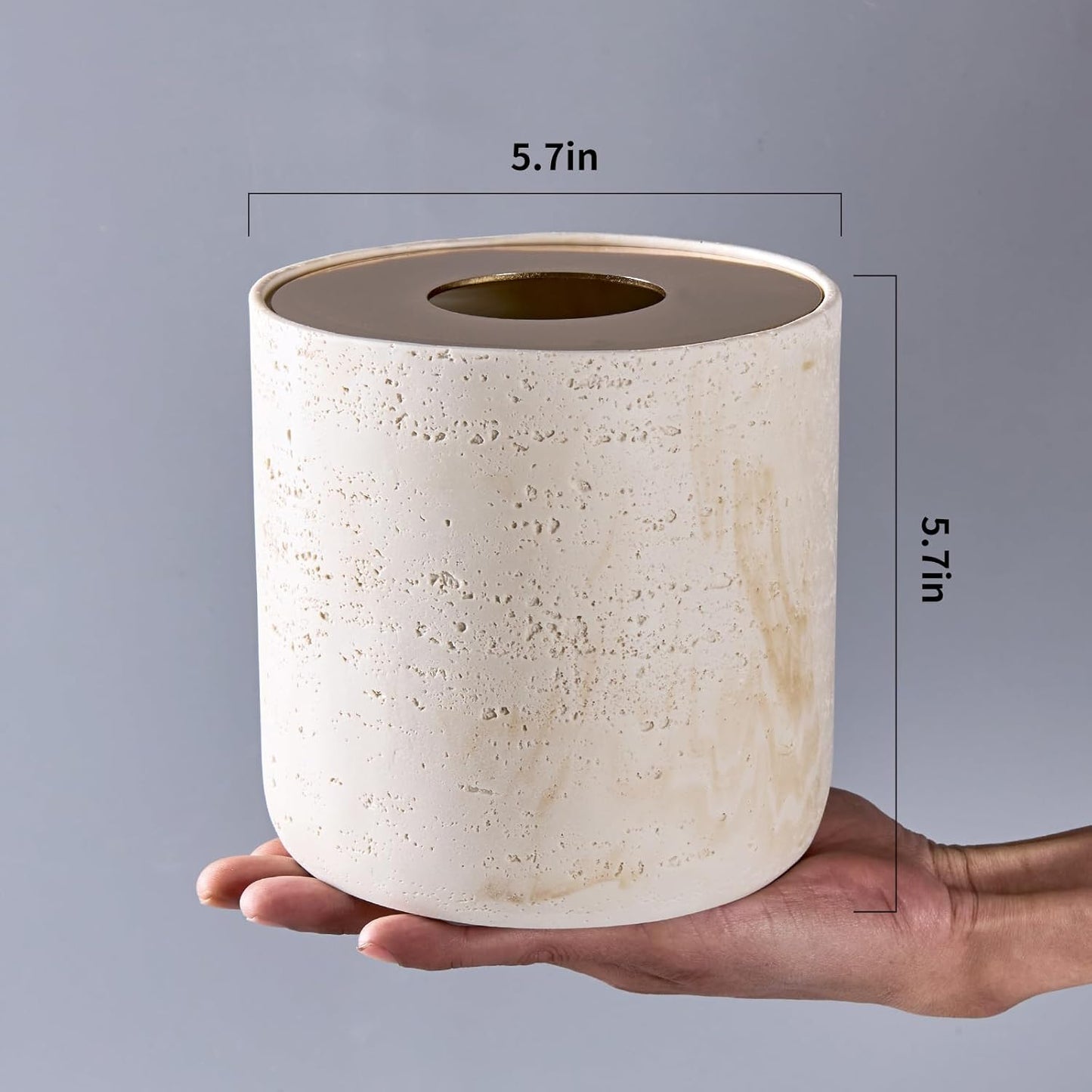 Natural Travertine Textures Mini Trash Can with Rose Gold Stainless Steel Lid, Mini Countertop Trash Can for Bathroom Kitchen, Desk or Table top Mini Garbage Can, Resin Tiny Waste Basket for Vanity