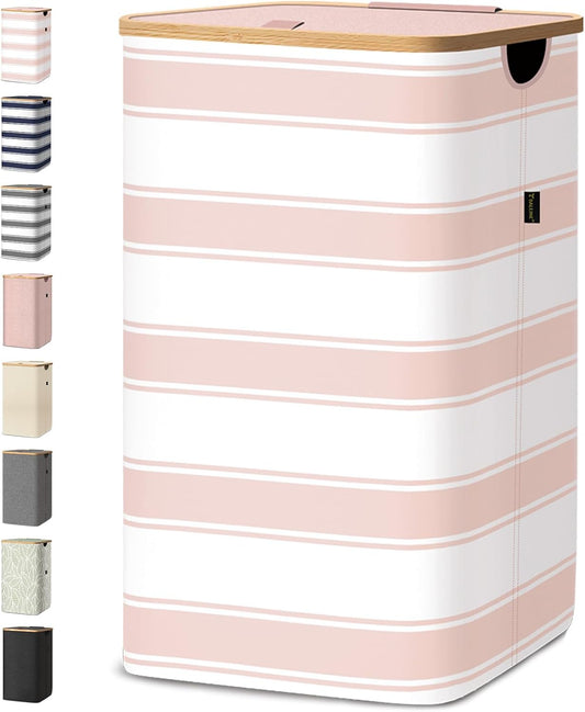 BALEINE Laundry Hamper with Lid, Tall Laundry Baskets with Bamboo Pull Handles, Large Laundry Bin with Internal Support (26 Gal/100L, Pink Stripe)