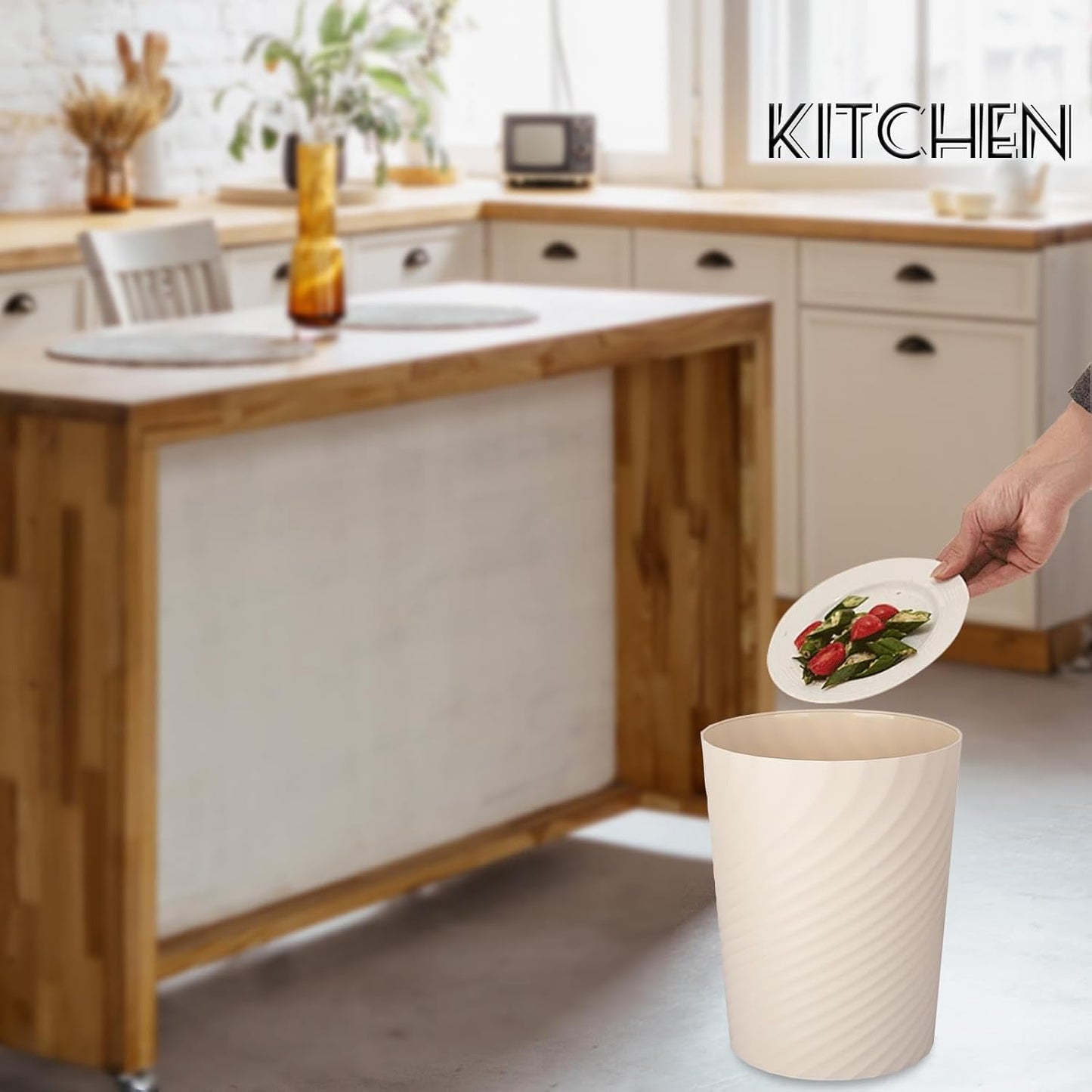 UUJOLY Plastic Small Trash Can Wastebasket, Garbage Container Basket for Bathrooms, Laundry Room, Kitchens, Offices, Kids Rooms, Dorms, (Beige, 1.8 Gallon/2 Pack)