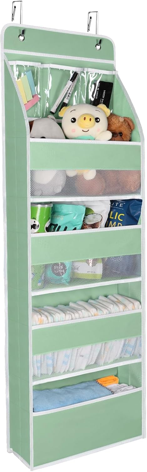 Univivi 5-Shelf Fabric Door Storage Over Door Hanging Organizer with 4 Large Pockets and 3 Small PVC Pockets Nursery Closet Cabinet Wall Mount Hanging Storage Organizers for Baby Nursery (Green)