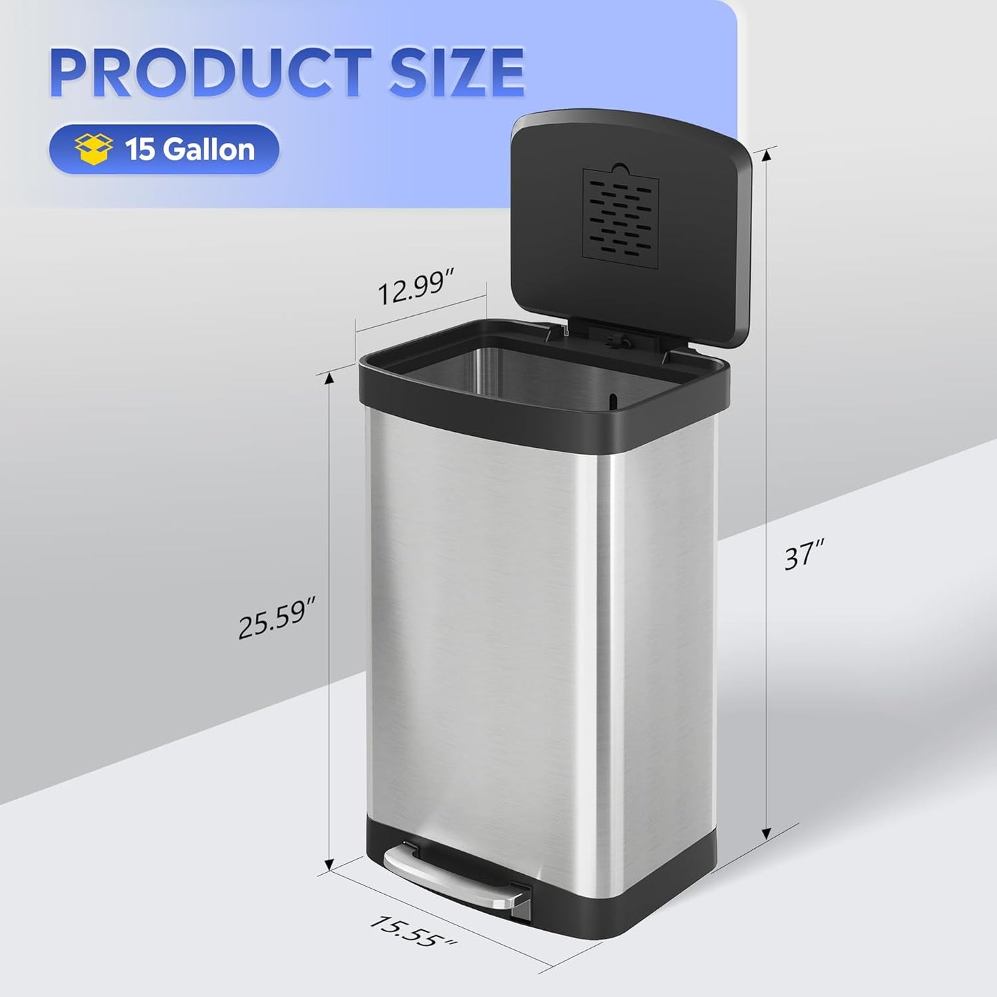 WLIVE 55 Liter Gallon Trash Can with Soft-Close Lid, 14.5 Gallon Brushed Stainless Steel Garbage Can, Kitchen Trash Can with Hands-Free Step, Integrated Bag Ring, Silver