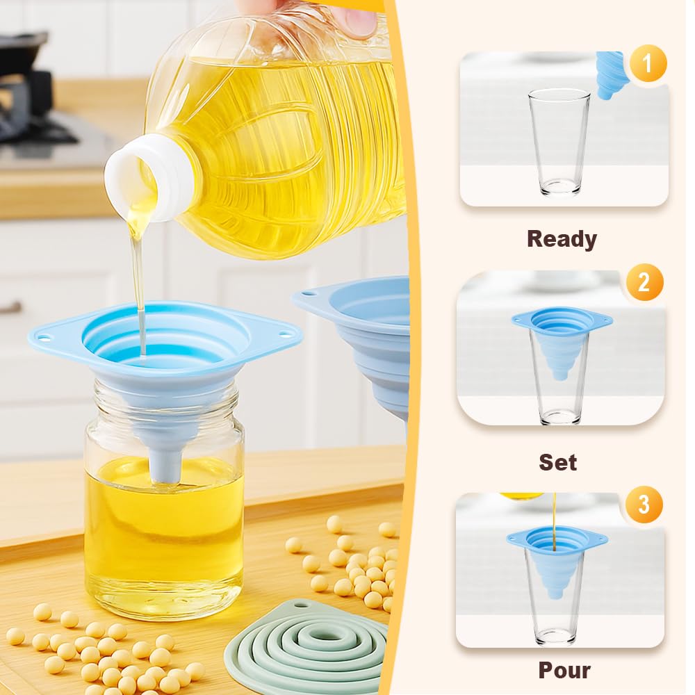 Kitchen Funnel Set, 2025 New Silicone Collapsible Funnel, Multi-Purpose Small Funnels for Kitchen Use, Portable Bottle Filling Funnels for Travel (3pcs)
