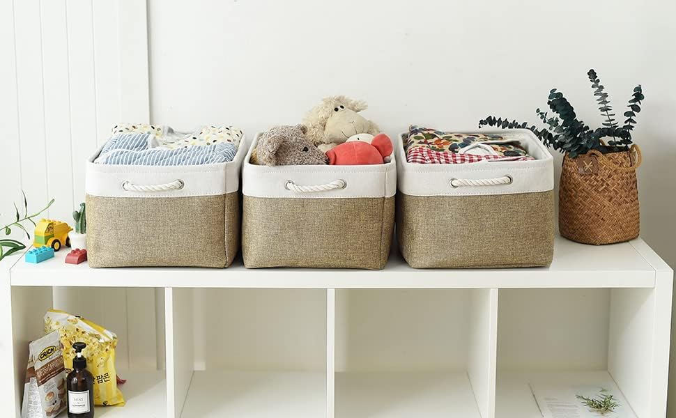 TheWarmHome Organization and Storage Basket for Organizing - X Large - 3 Pack 17.7L×13.8W×9.8H in Collapsible Storage Bin for Shelves, Fabric Basket for Gifts Organizer Toy Closet (White & Khaki)