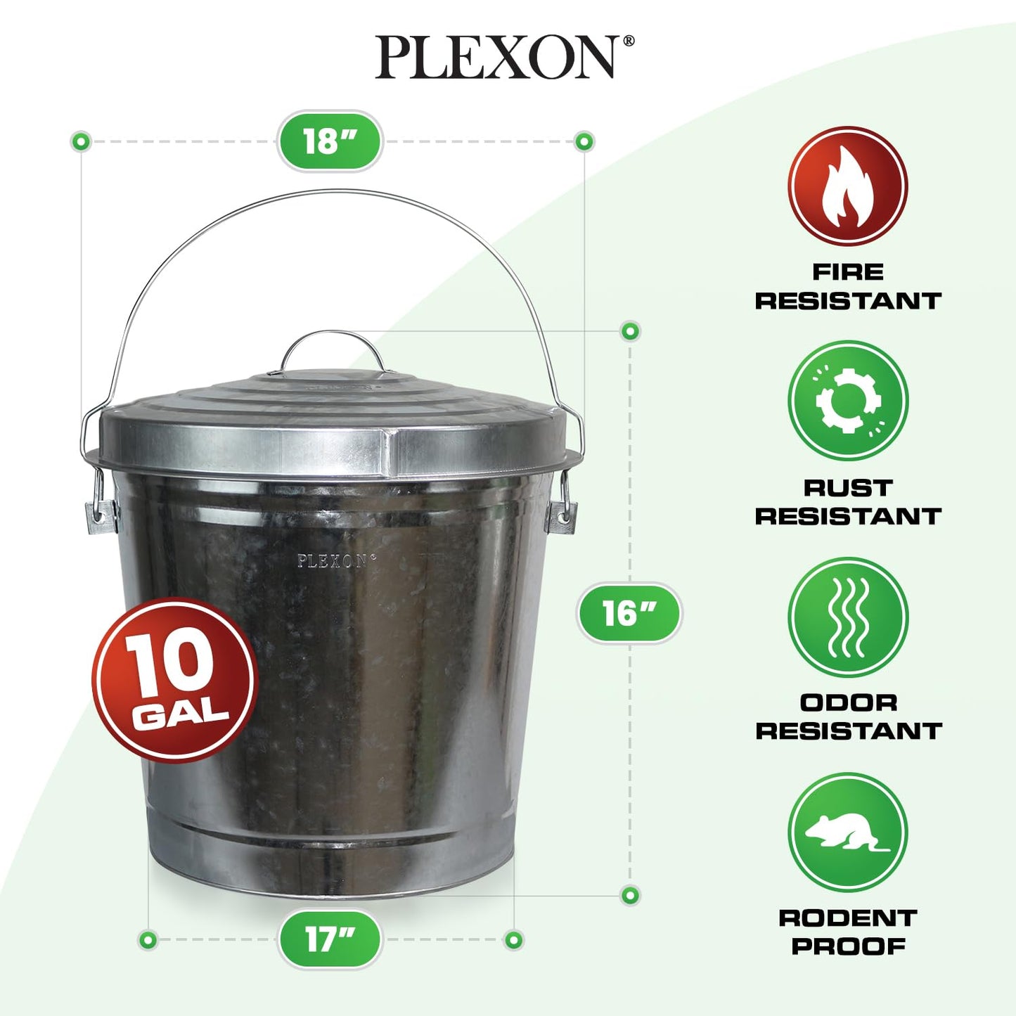 Plexon 10 Gallon Trash Can with Locking Lid Galvanized Metal Bucket for Poultry Feed Bird Seed Storage Ash Outside Garbage Can with Lid, 3 Pack