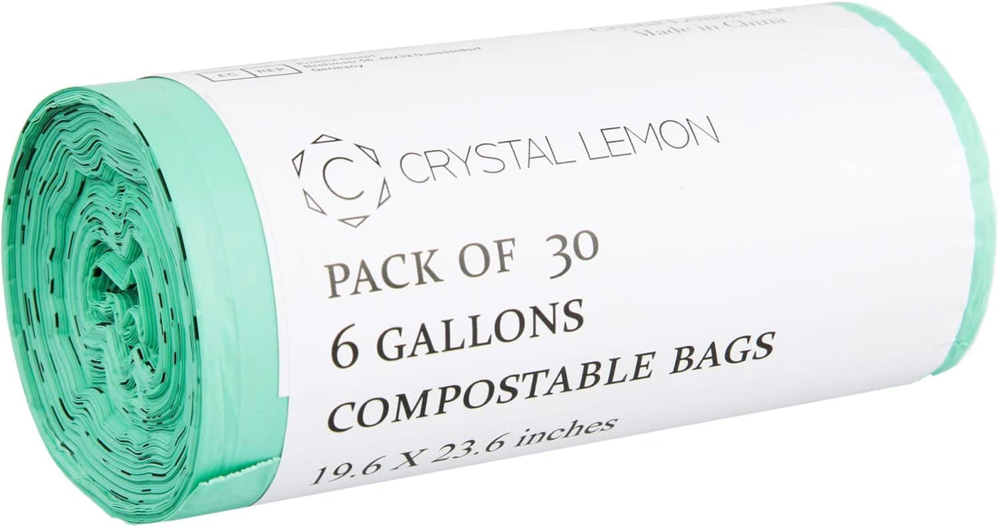 Crystal Lemon 30-Count Biodegradable 6 Gallon Bags, Heavy Duty and Unscented – Ideal for Kitchen, Bathroom, Yard, and Food Waste