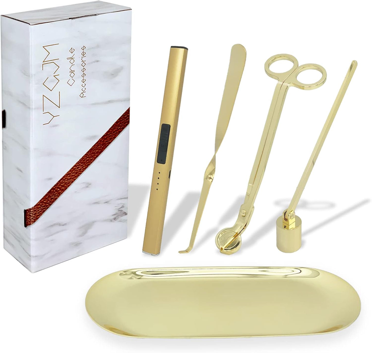 Exquisite Candle Accessories Tool Pack Bag, Rechargeable Electric Lighter， Wick Trimmer, Dipper, Snuffer and Tray Holder Elegant Kit Gift for Candle Lovers in Dating, Valentines Decor. ( Lemon Gold )