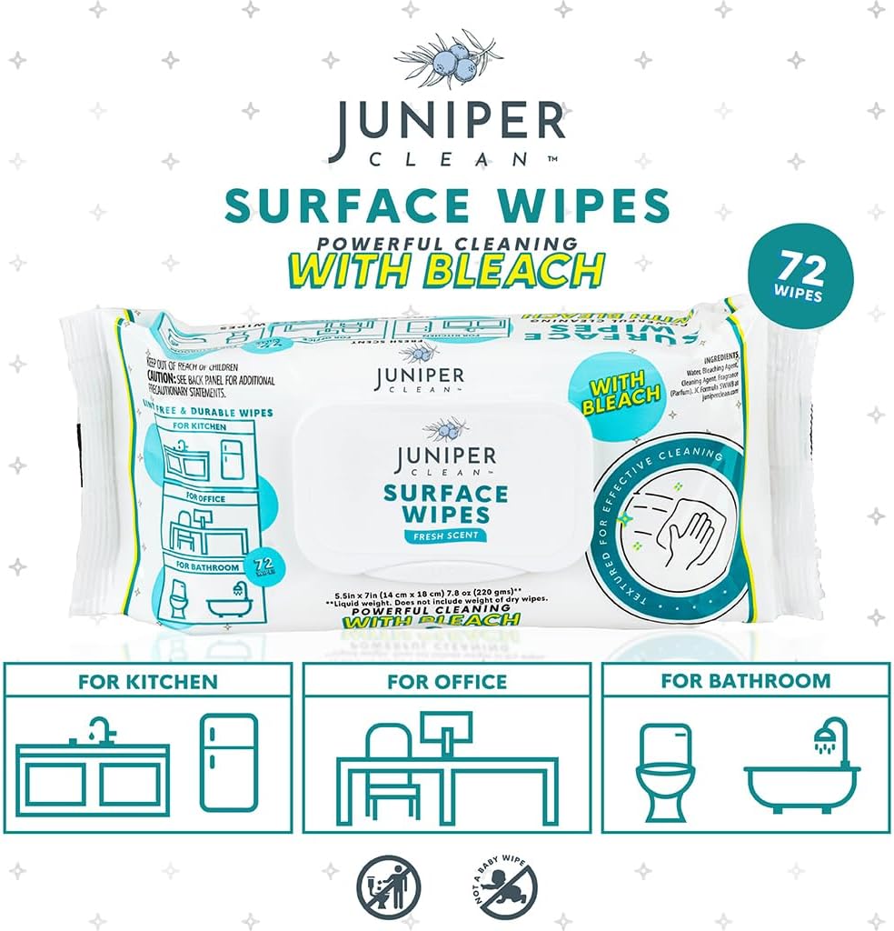 1 Pack Surface Wipes with Bleach, All-Purpose Cleaner for Bathroom, Kitchen, Office, 72 Count Soft Flow, Fresh Scent, Lint Free & Durable