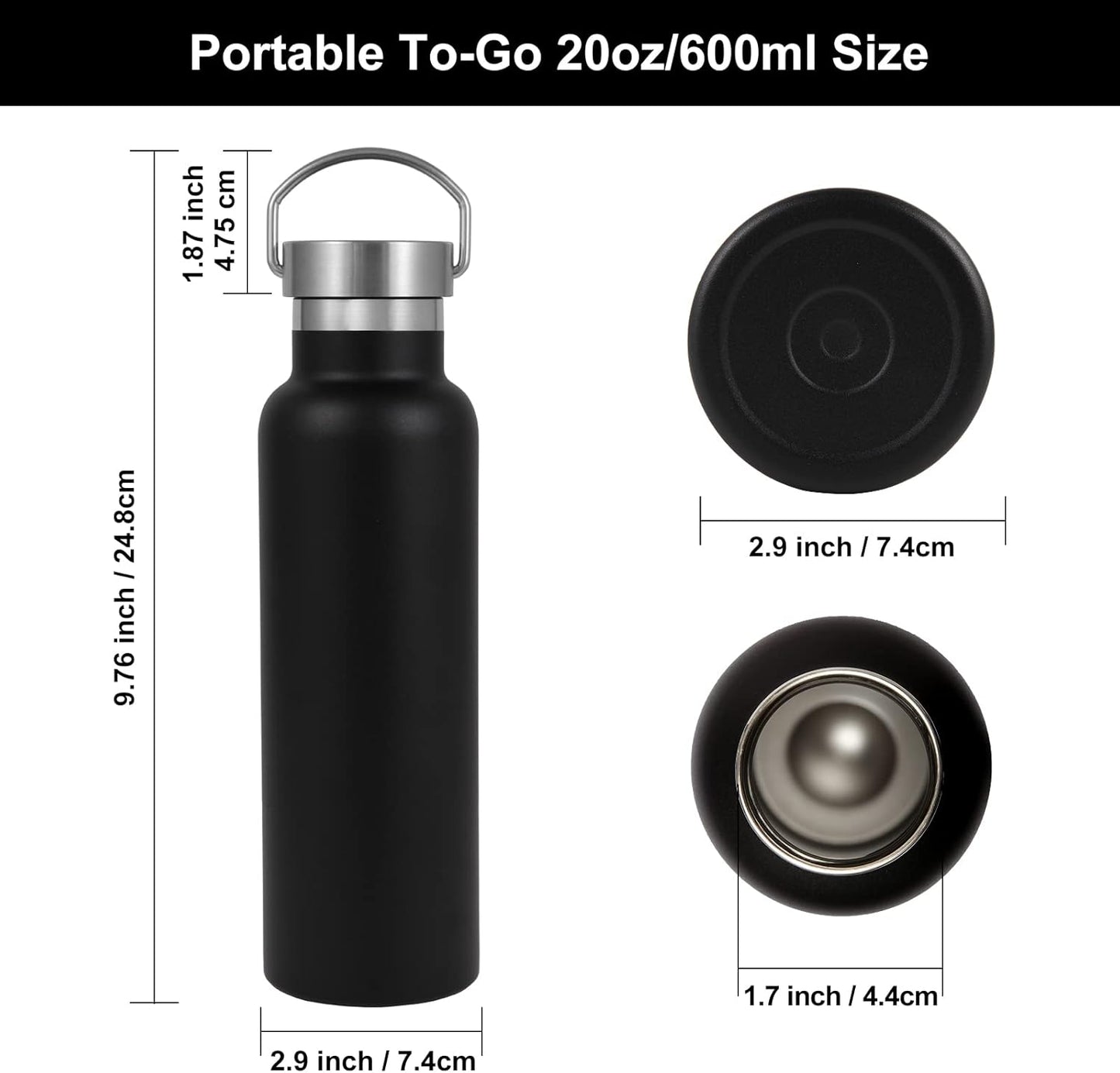 Neihepal 20 oz Insulated Water Bottles Bulk 4 Pack,Stainless Steel Double Wall Sport Bottle with Lid of Handle,Metal Reusable Thermoses Flask with Cup Cap for School,Hikers,Gift (Black,Set of 4)