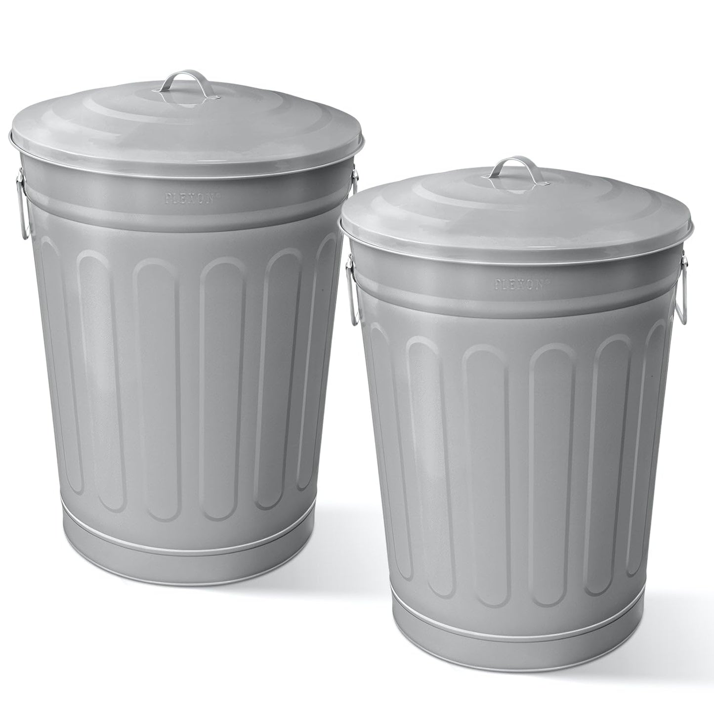 Plexon Round Trash Can 13 Gallon, Vintage Metal Outdoor Trash Can with Lid, Retro Farmhouse Garbage Container, Old School Modern Ash Bucket, Gray 2 Pack