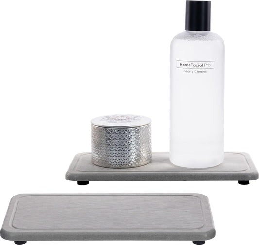 2 Pcs Water Absorbing Stone Trays, Kitchen/Bathroom Sink Soap Dish, Diatomite Tray Used for Hand Soap & Cosmetic Bottles in The Modern Home, 4" W x 8.3" L, Gray