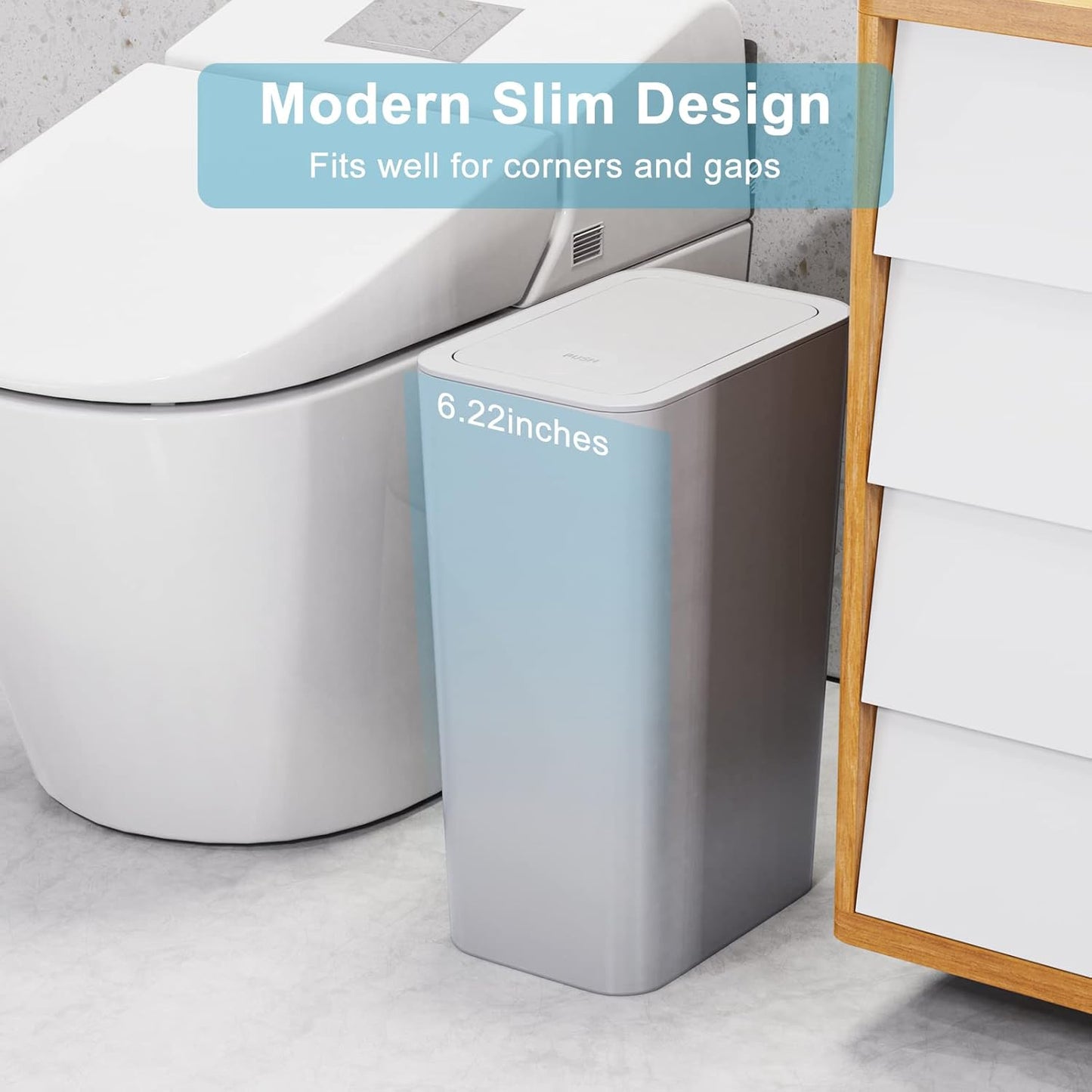 N. NETDOT 3 Pack 10 Liter / 2.6 Gallon Bathroom Trash Can, Small Trash Can with Lid, Garbage Can Waste Basket for Bathroom, Kitchen, Bedroom, Powder Room, Craft Room, Office, College (Gray)