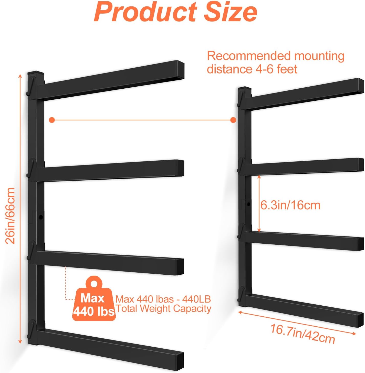 NANANARDOSO Wall Mount Wood Organizer and Lumber Storage,Heavy Duty Metal Shelf with 4-Level,Lumber Metal Racks for Indoor and Outdoor Use,2 Pack