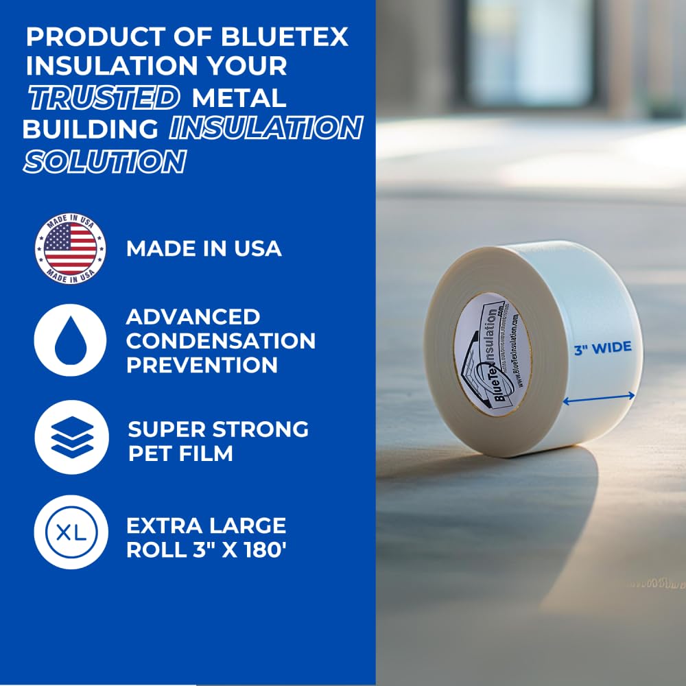 BlueTex Insulationㅤ 3" Wide x 180' Long White Vapor Barrier Seam Tape - 8 Roll Bulk Pack Waterproofing & Great for Crawlspaces, Insulation Repairs, Underlayment Seams, Metal Building Insulation Seams