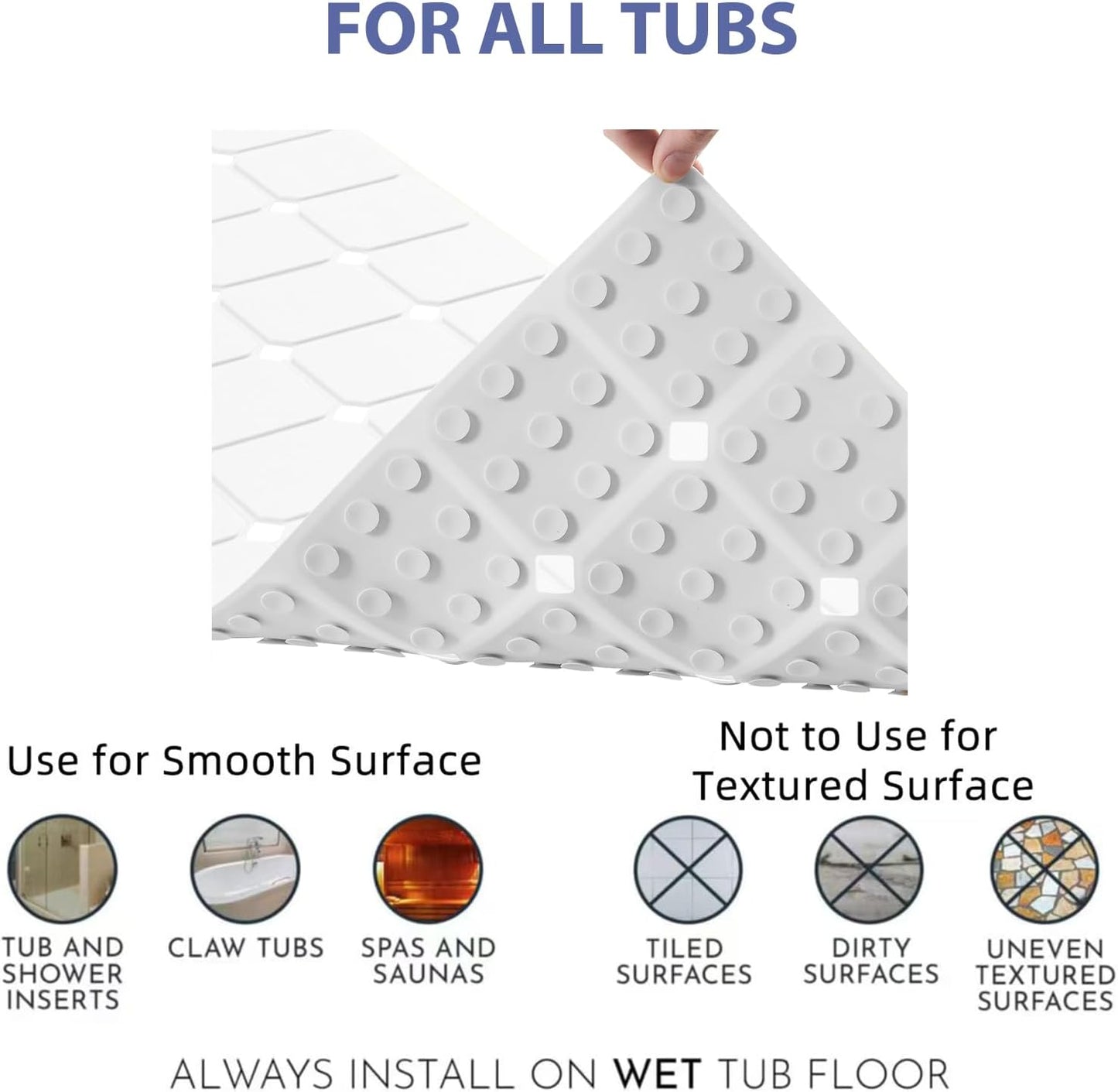 Bathtub Mat Non Slip Silicone Foldable Extra Long Tub Mat Strong Suction Cups & Large Drain Holes, Durable,Machine Washable for Smooth Surfaces Shower Mat, Ideal for Families Beige,15"x40" White
