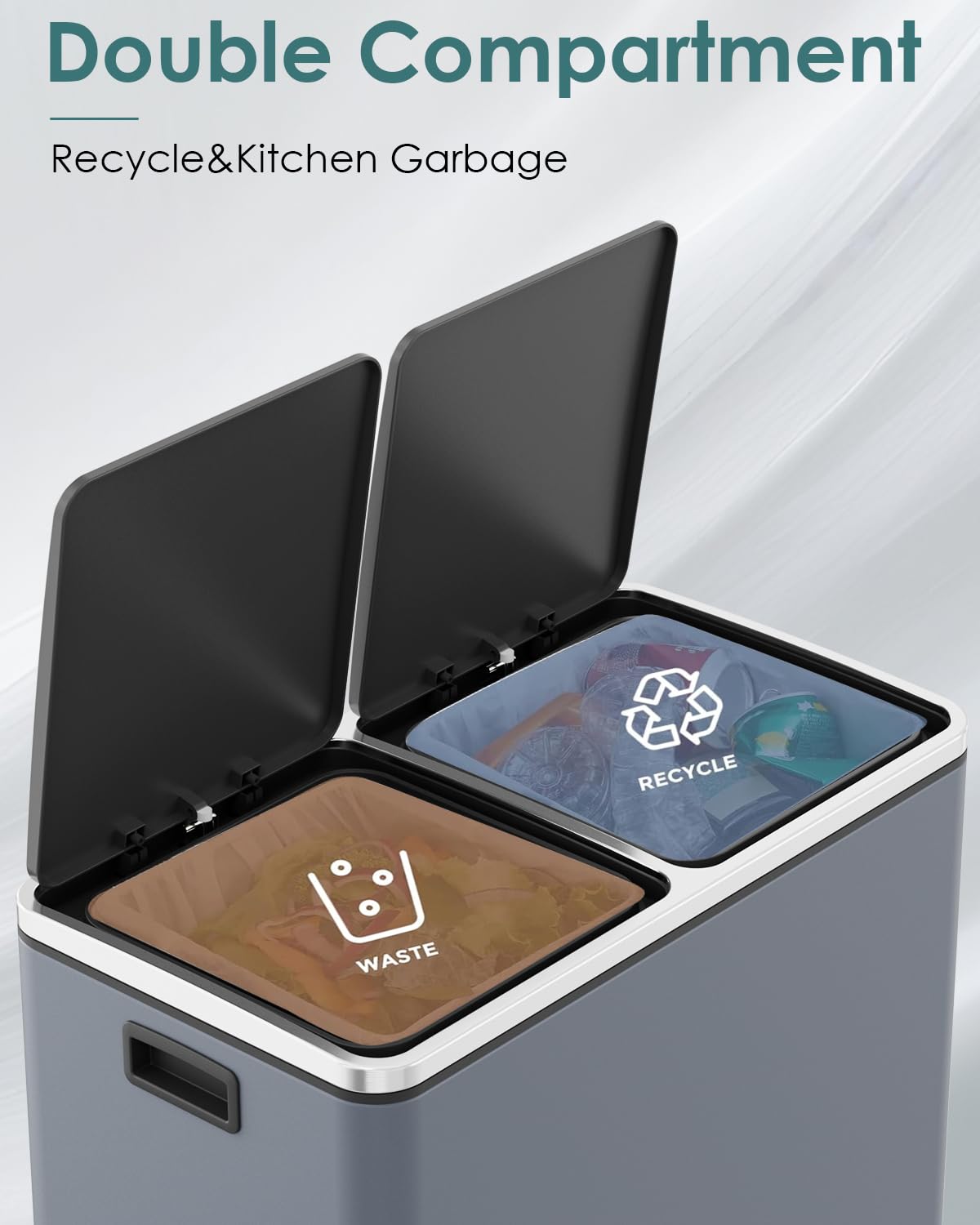 Arlopu 16 GallonStainless Steel Trash Can, 60L Dual Compartment, Metal Kitchen Step Recycle Bin, Metal Double Dustbin, in-Home Garbage Rubbish Can W/Removable Liner Buckets (Grey)