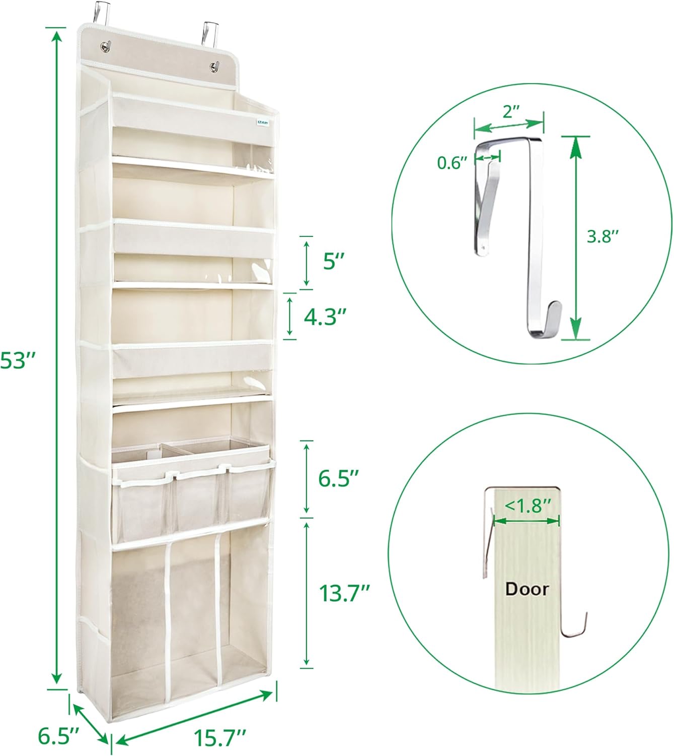 Door Hanging Storage Organizer,with 3 Bins 1 Movable Baby Diaper Caddy,1 Large capacity diaper stacking storage Organizer,10 Side Pockets ,Bedroom Door Storage for Nursery Baby Essentials. (Beige)