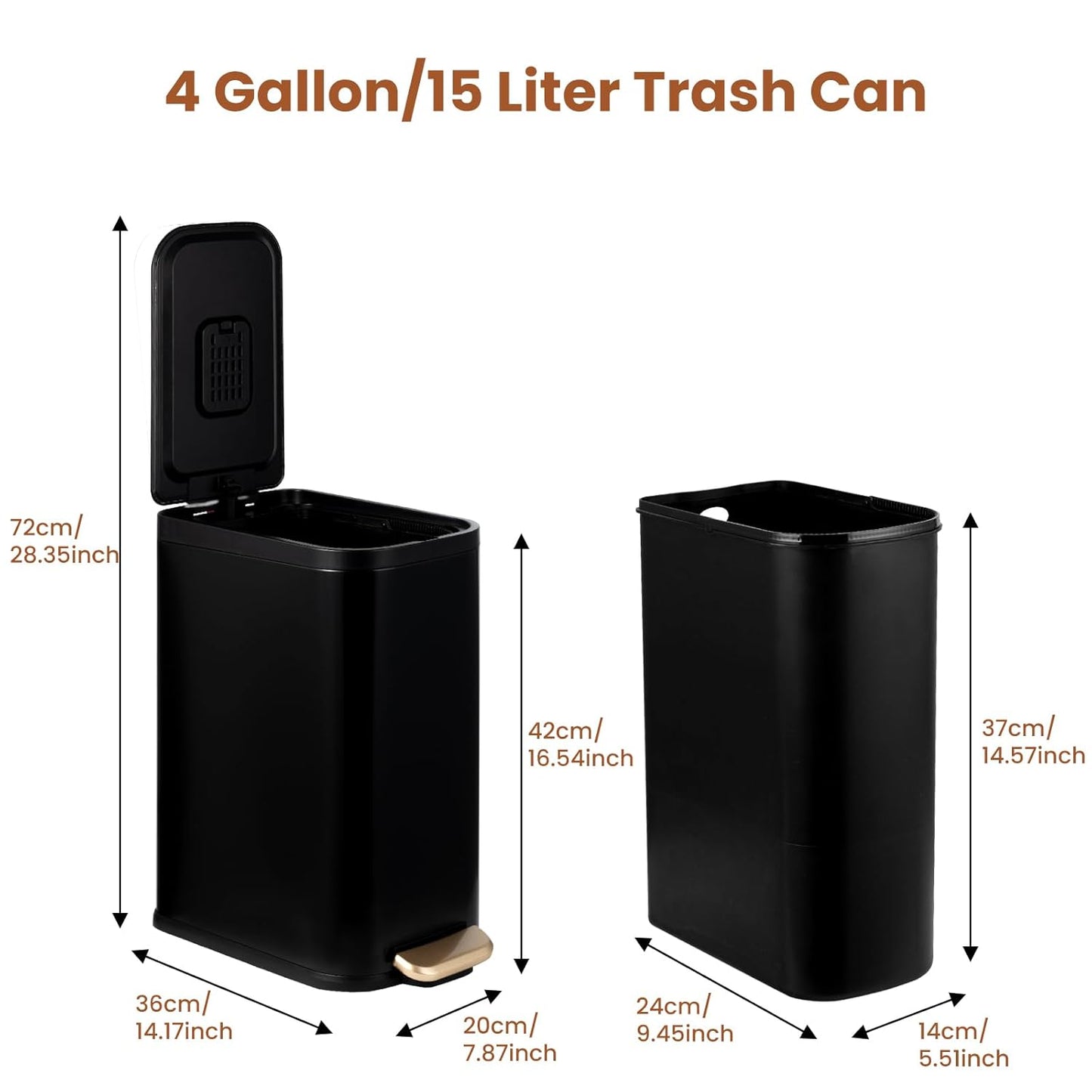 BETHEBEST Bathroom Trash Can with Lid Soft Close,Stainless Steel Step Trash Can with Removable Inner Wastebasket,Black Garbage Can for Bathroom,Bedroom,Kitchen(15 Liter/4 Gallon)