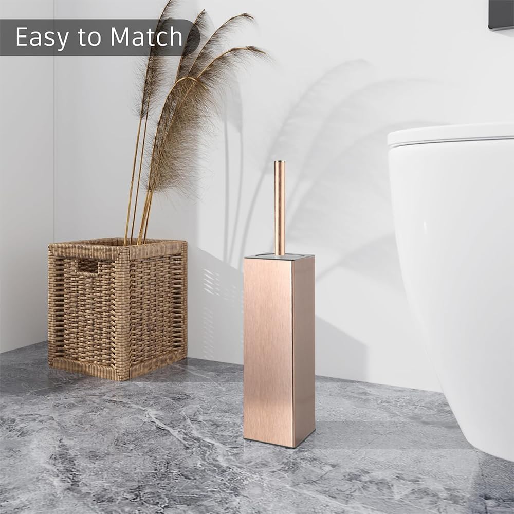 BGL Standing Toilet Brush and Holder Rose Gold Aluminium Toilet Bowl Cleaner Brush and Holder for Bathroom Storage and Organization, Square Design Sturdy and Space Saving