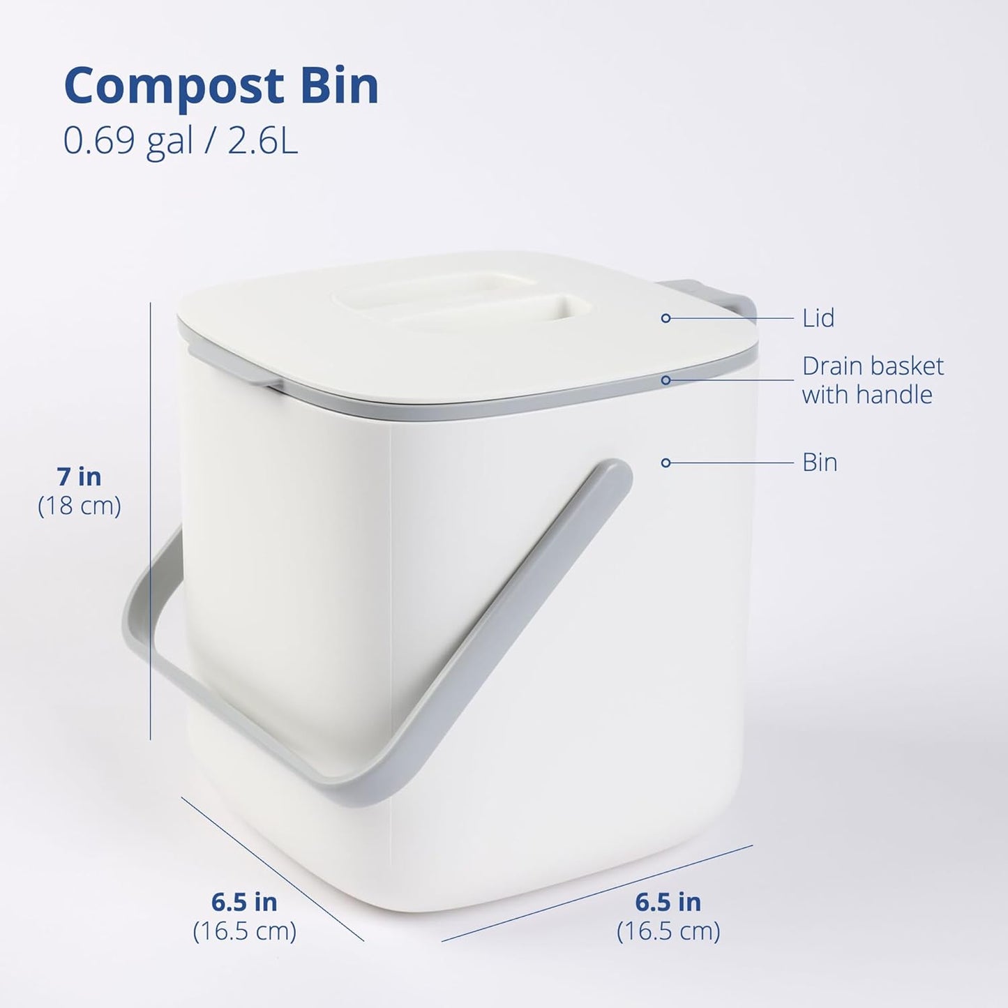 Blue Ginkgo Kitchen Compost Bin [2.6L / 0.69 GAL] – Filter-Free, Odor-Tight Countertop Food Waste Pail with Handles (Made in Korea, White)