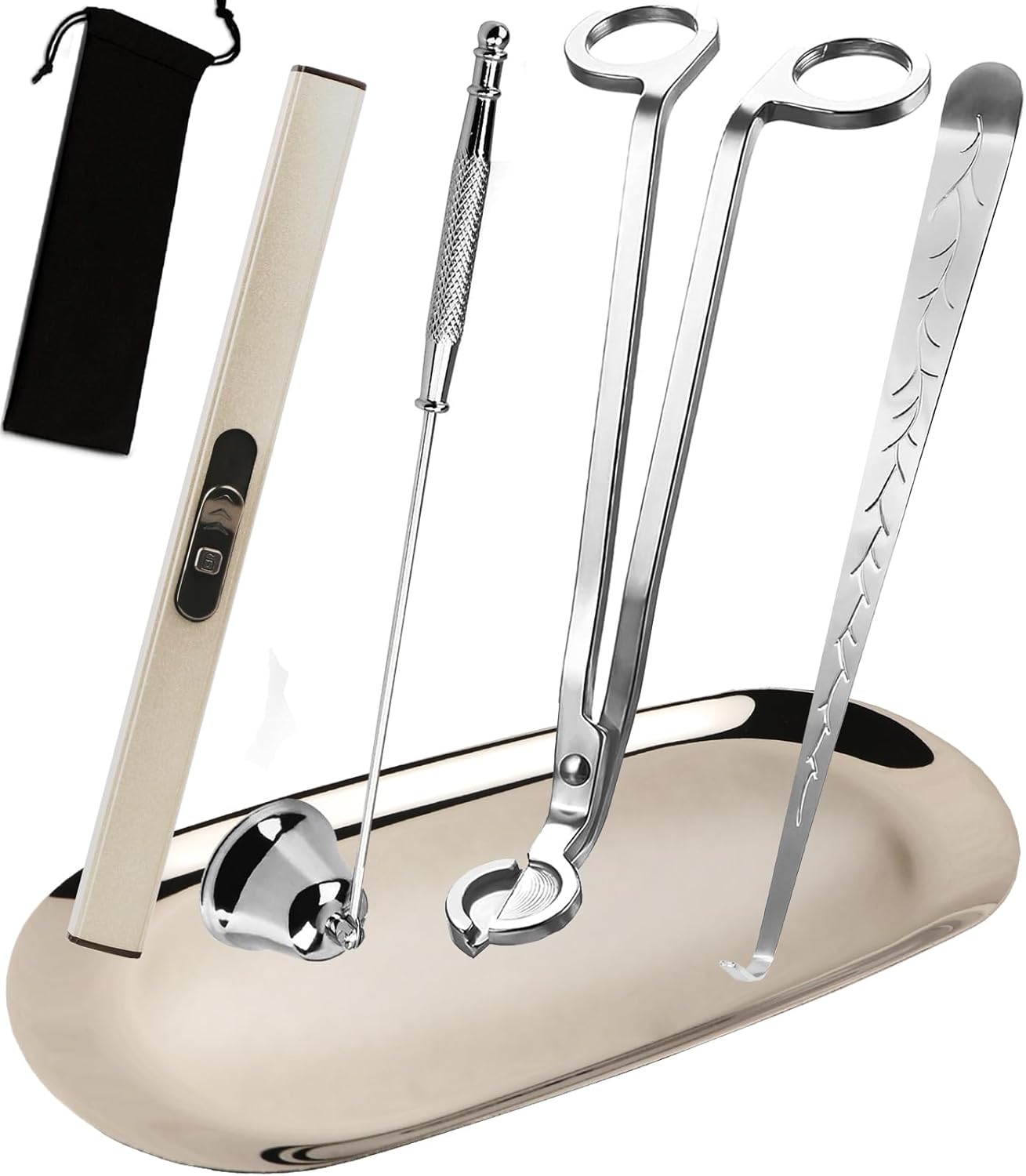 5 in 1 Candle Accessory Set, Candle Wick Trimmer Cutter, Candle Snuffer & Candle Wick Dipper,USB Rechargeable Lighter, Storage Tray Plate for Candle Lover Mom Gift, Candle Care Kit (Silver)