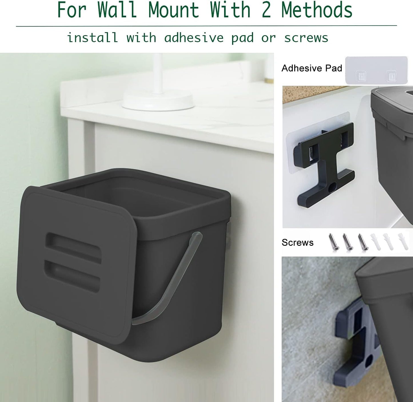 Kitchen Trash Can with Lid, LALASTAR Wall-Mounted Under Sink Small Garbage Can for Kitchen, Bathroom, Compost Bin Countertop, Cabinet Trash Can Hanging, 1.8 Gallon, (Black, 7L)