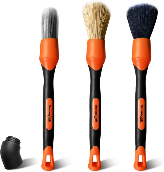 YeewayVeh 3pcs Car Detailing Brush Set, 1pc Boars Hair Detailing Brushes,1pc Ultra Soft Detail Brush for Air Vent Leather Seat, 1pc Scratch Free Car Detailing Brushes for Interior Exterior, Orange
