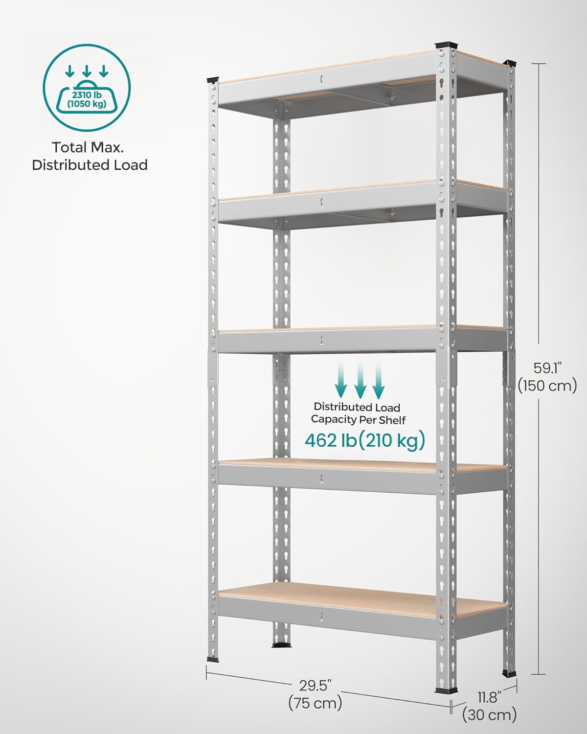 SONGMICS 5-Tier Storage Shelves, Load 2310 lb, Set of 2 Garage Storage, Boltless Assembly, Adjustable Shelving Unit, 11.8 x 29.5 x 59.1 Inches, for Study Shed Basement, Silver UGLR300E02