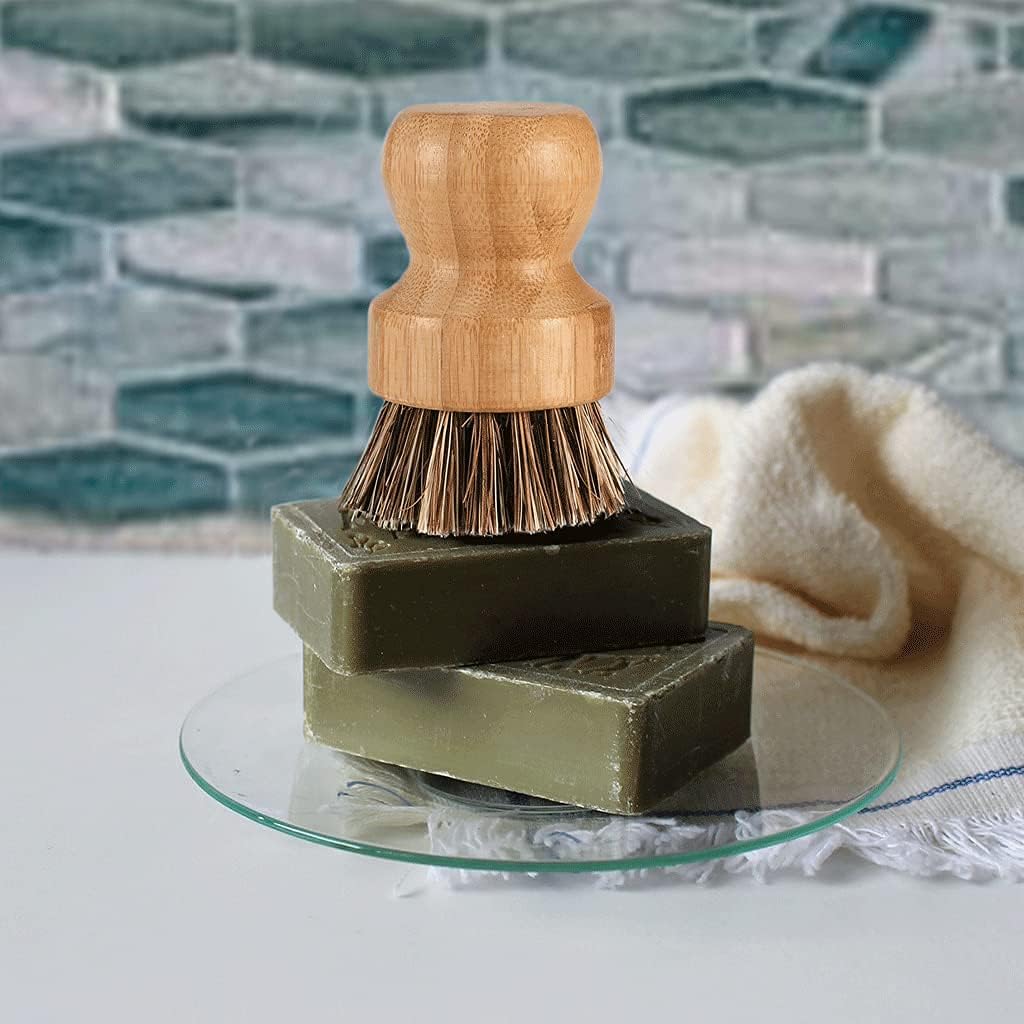 Bamboo Scrub Brush Clean Pan, Dish and Vegetable, Natural Bristles Palm Pot Brush 4 Pack Round Mini Dish Brush with Ceramic Holder for Kitchen Sink Cleaning