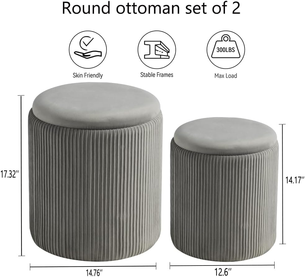 Round Ottoman with Storage Set of 2-Upholstered Velvet Vanity Stool for Makeup Multifunctional Ottomans Coffee Table Padded Seat Foot Rest for Living Room&Bedroom (Light Grey-Upgrade Tray Lid)