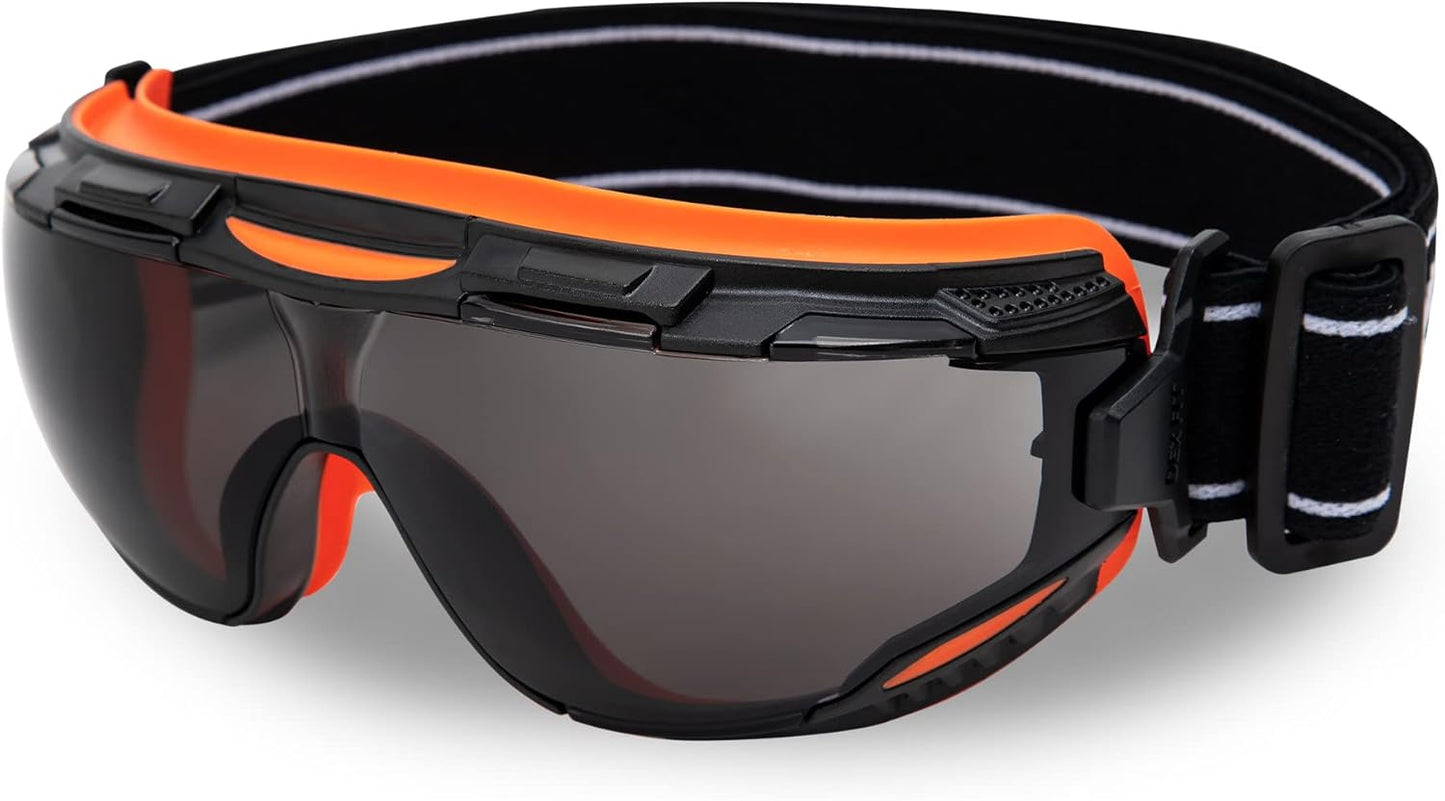 DEX FIT Protective Safety Goggles SG220; Anti Fog & Scratch, Z87 Eye Protection for Work, Adjustable for Women and Men, (Black & Orange Frame, Tinted Lens, 19cm Strap)