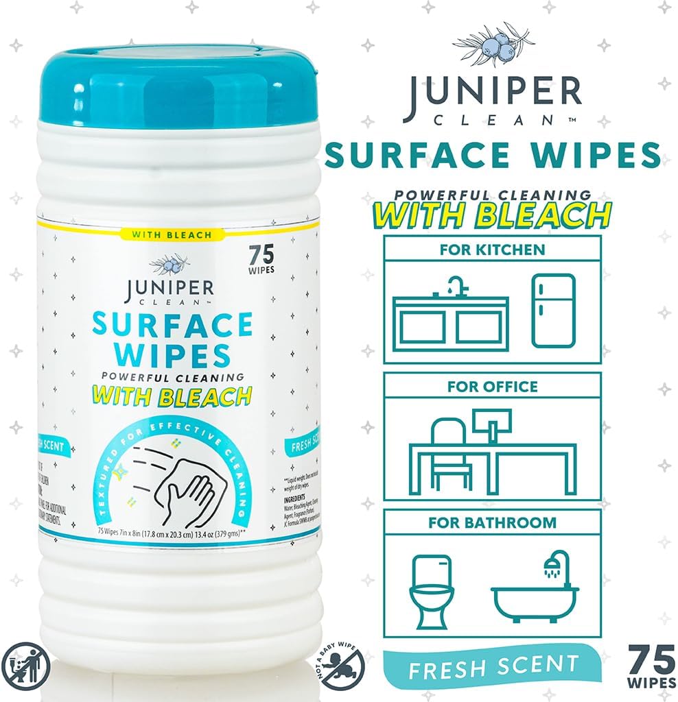 4 Pack Surface Cleaning Wipes with Bleach, All-Purpose Cleaner for Bathroom, Kitchen, Office, 300 Count Canister, 7.5" x 7" Sheet, Fresh Scent, Lint Free & Durable