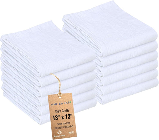 Dish Cloths Cotton| Kitchen Wash Cloth| Shop Towels Absorbent and Lint Free Flour Sack| Dishcloths for Kitchen Washing Dishes|Thick Absorbent Quick Dry Dish Rags | 12 Pack 13"x13" White