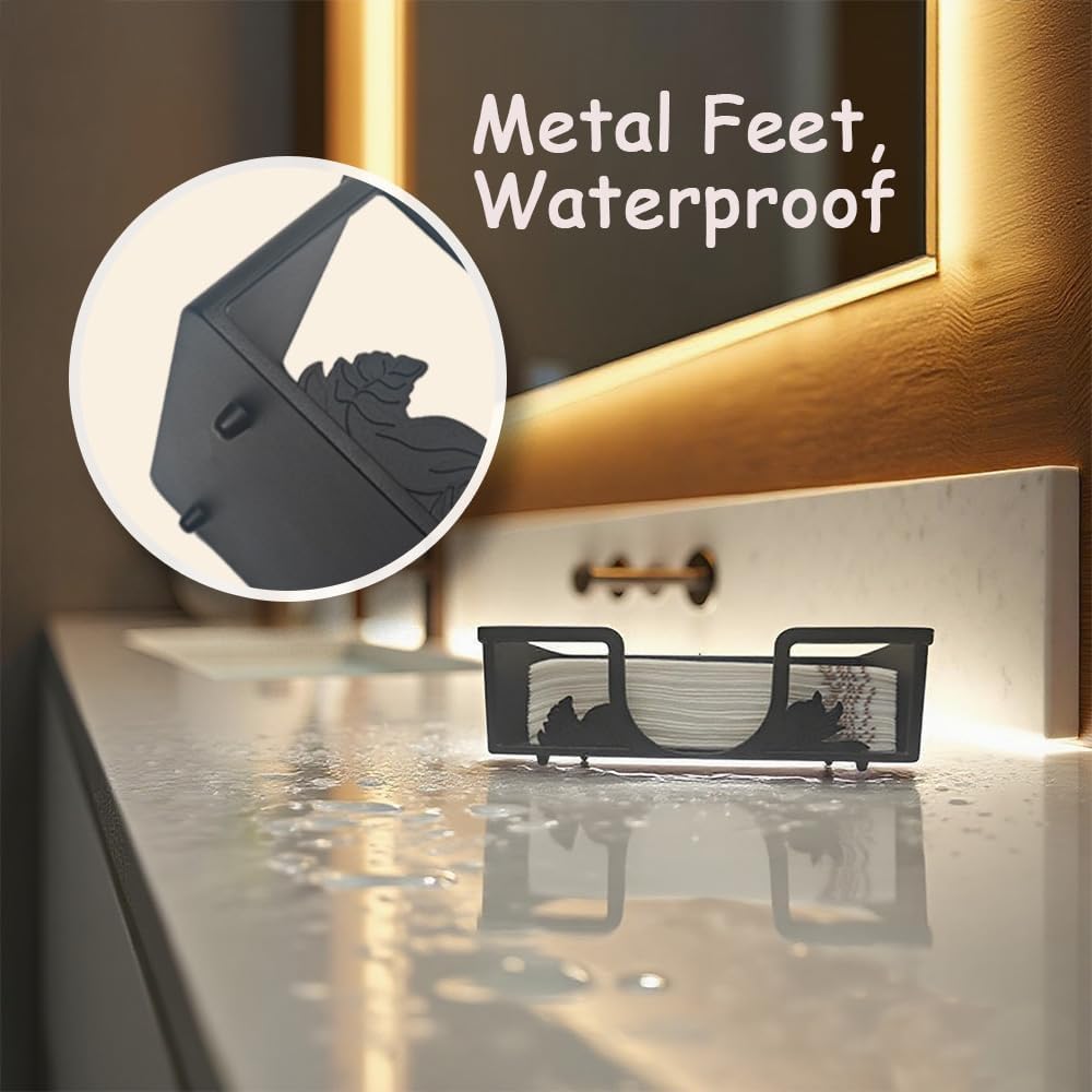 Metal Napkin Holder for Bathroom and Kitchen - Black Floral Design Disposable Hand Towel Holder Tray, Guest Towel Organizer for Countertop, Paper Napkin and Towel Dispenser(Black)