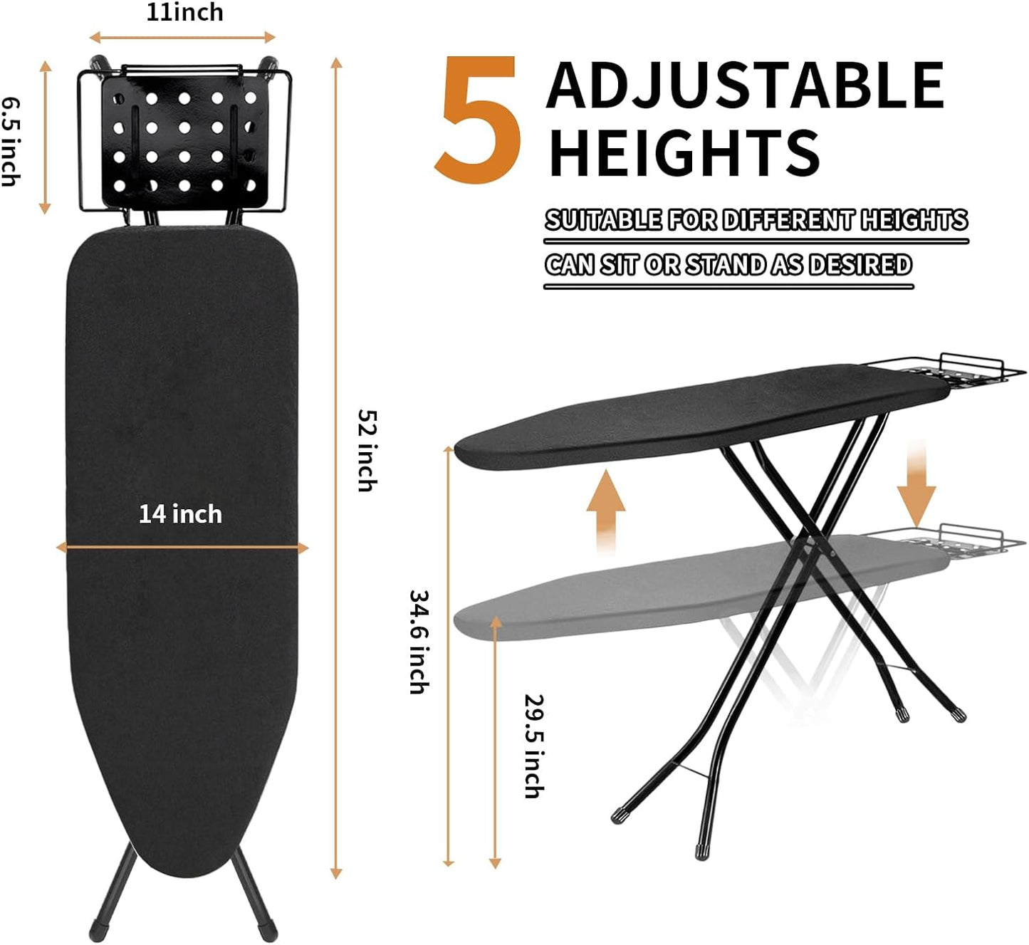 Ironing Board,52x14 Inch Iron Board with Steam Rest, Heavy Duty Metal Frame Legs Ironing Table with Heat Resistant Cover Mat, Foldable Full Size Hanger Ironing Stand, 5 Adjustable Height, Black