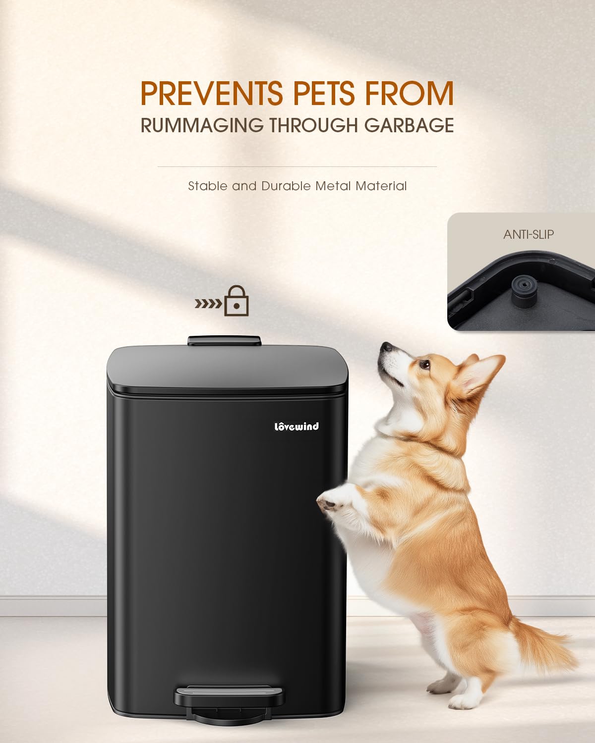 Lovewind Kitchen Trash Can with Lid, 5.2 Gallon/20 L Footstep Garbage Can for Kitchen Bedroom Home Office, 20 Liter Trash Bin Brushed Stainless Steel Waste Bin with Soft-Close Lid,Black