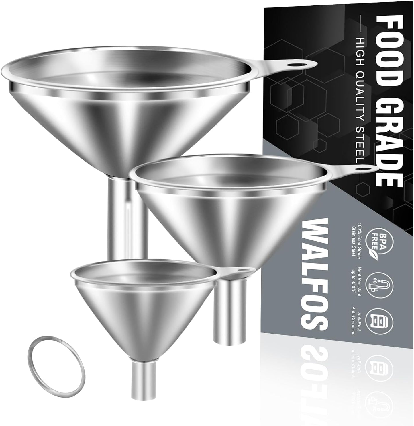 WALFOS Mini Stainless Steel Funnels, Multi-use Small Kitchen Funnel Set, for Transferring Liquid, Fluid, Essential Oils, Powder,Tiny Spices,Long-Lasting and Dishwasher Safe (3 in、2.2 in、1.7in)