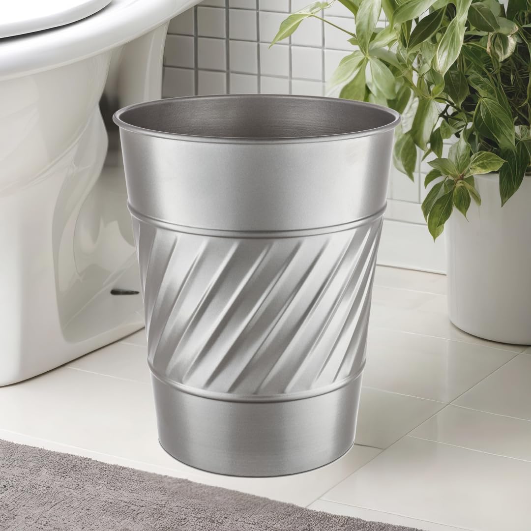 Monarch Abode Pewter Handcrafted Wave Embossed Metal Wastebasket for Home Office, Decorative Waste Basket, Modern Bathroom Garbage Can, Durable & Decorative Trash Bin, Pewter Bathroom Trash Can